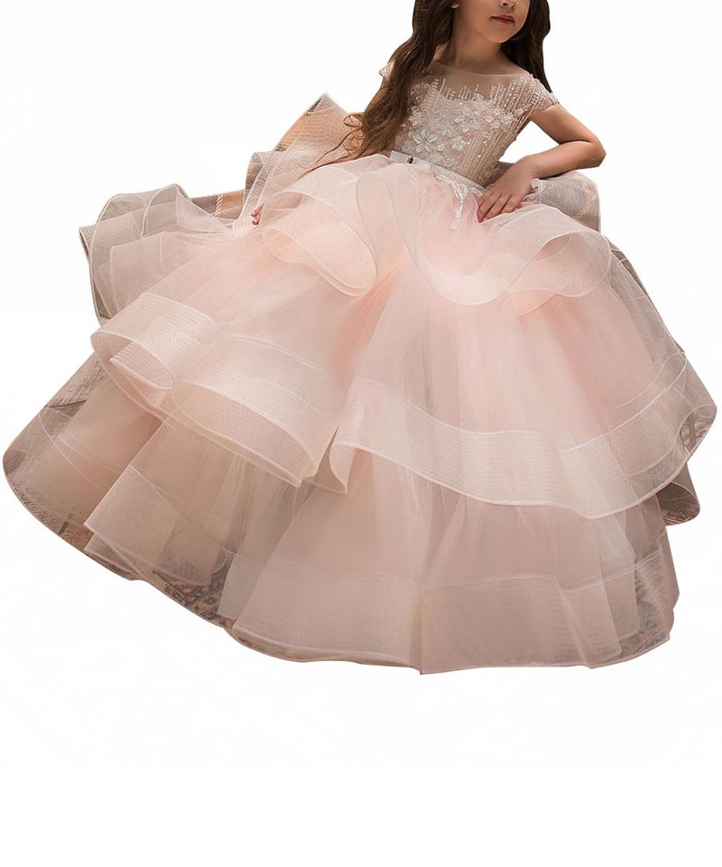 WDE Long Pink Little Girls Pageant Dresses for Wedding Kids First Communion Prom Ball Gown Size 4 - Image 1